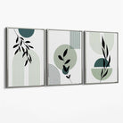 Set of 3 Sage Green Boho Floral Arches Canvas Art Prints with Silver Float Frame