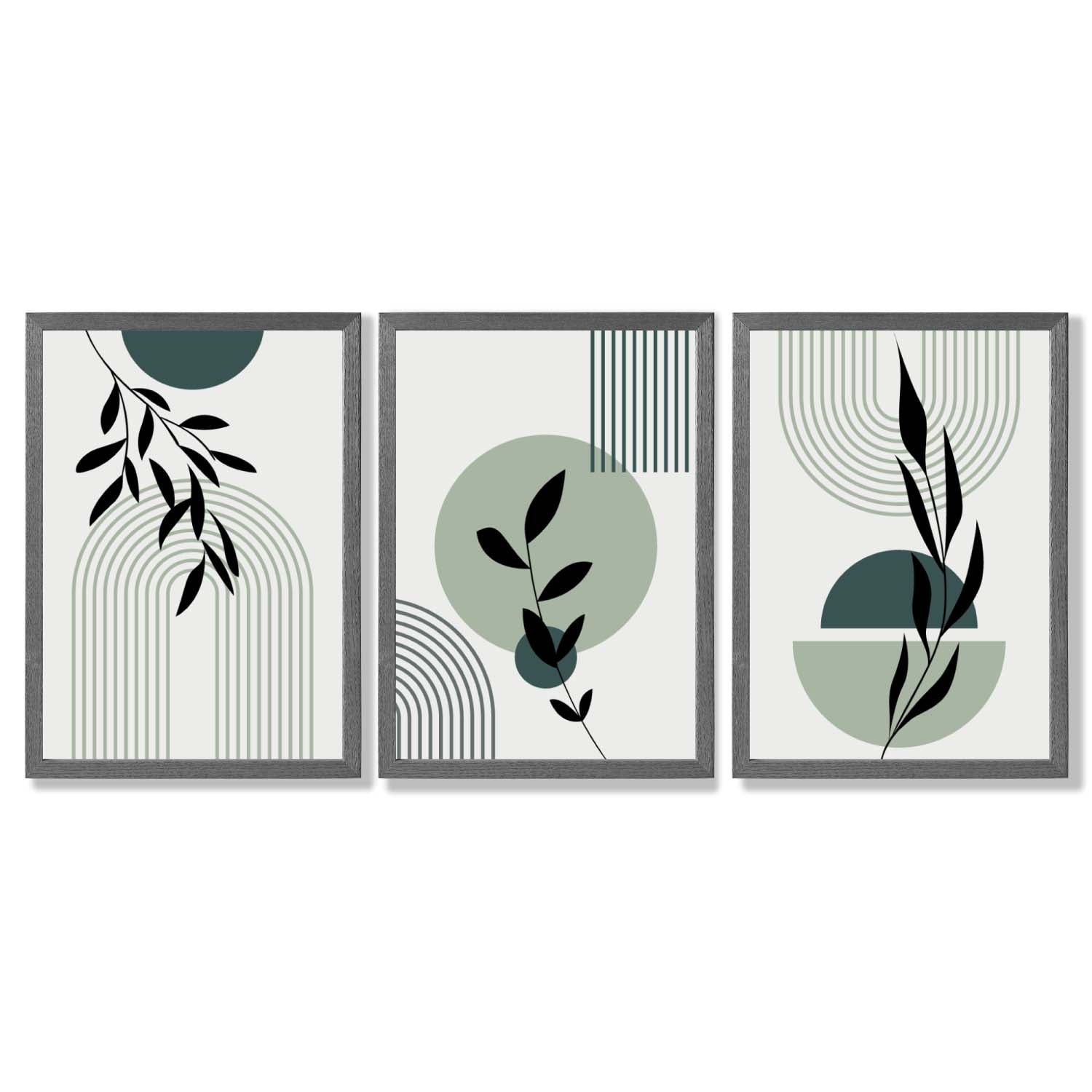 Set of 3 Sage Green Boho Floral Arches Framed Art Prints with Dark Grey Wooden Frames