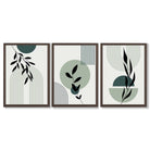 Set of 3 Sage Green Boho Floral Arches Framed Art Prints with Dark Wood Frames