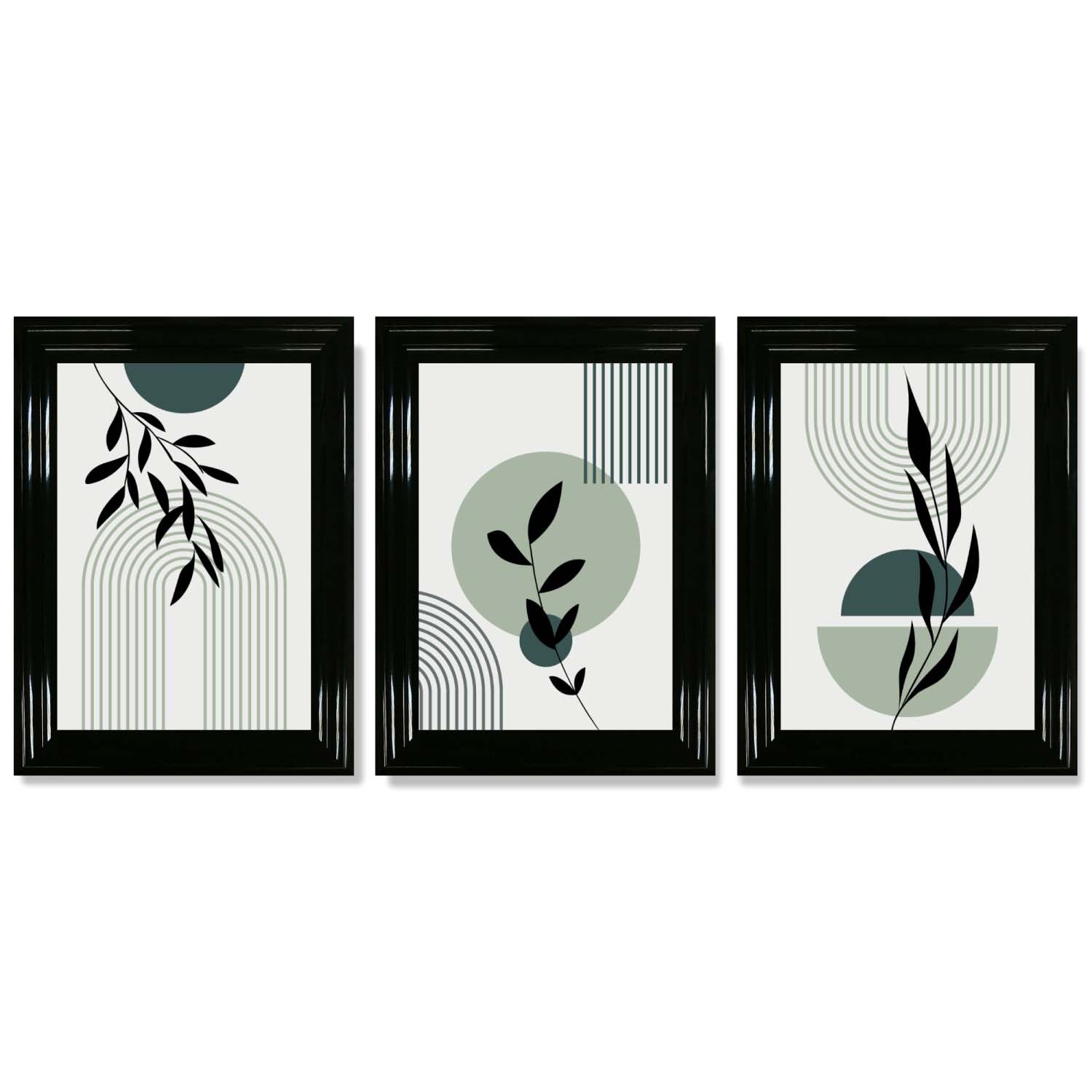 Set of 3 Sage Green Boho Floral Arches Framed Art Prints with Glossy Black Frames