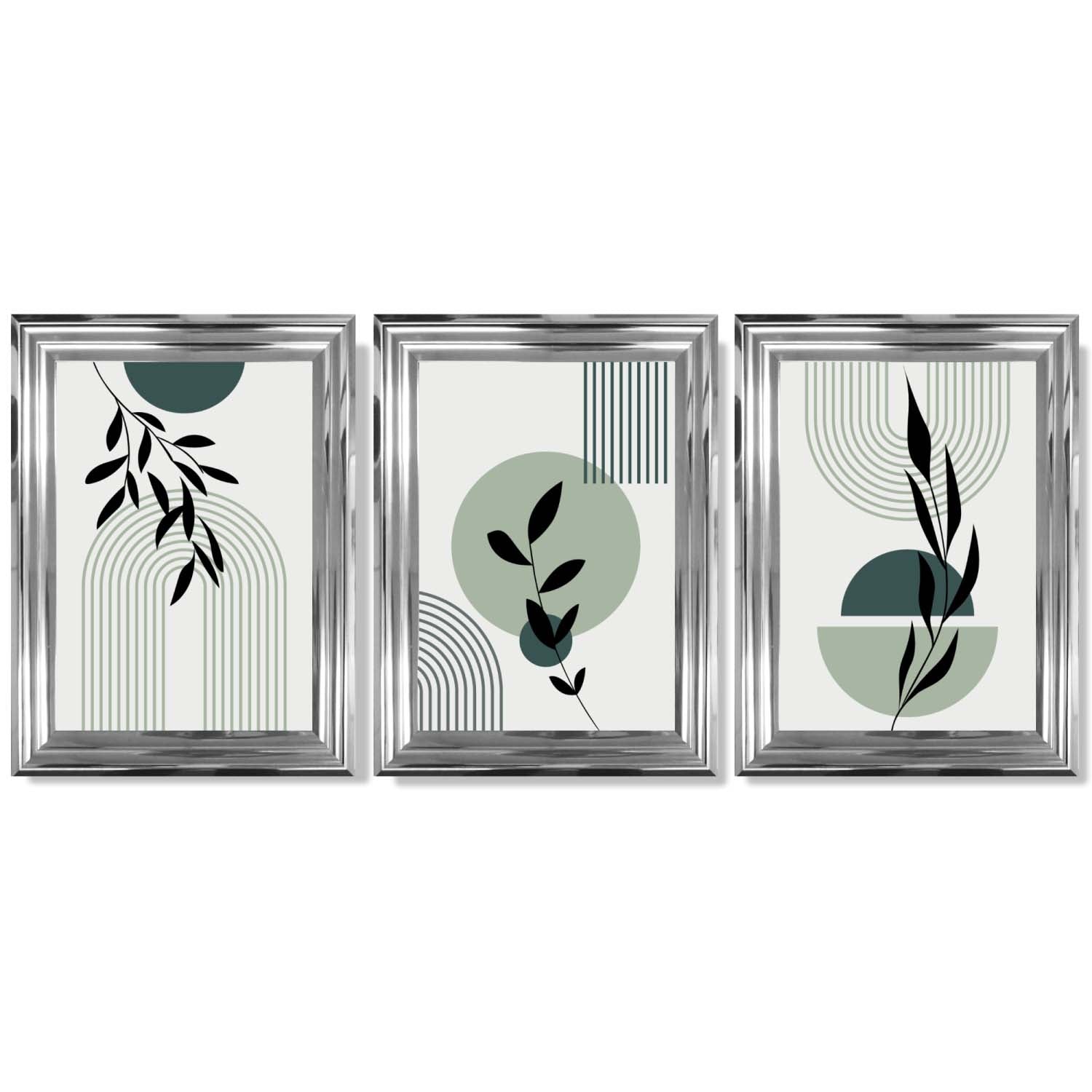 Set of 3 Sage Green Boho Floral Arches Framed Art Prints with Glossy Chrome Frames