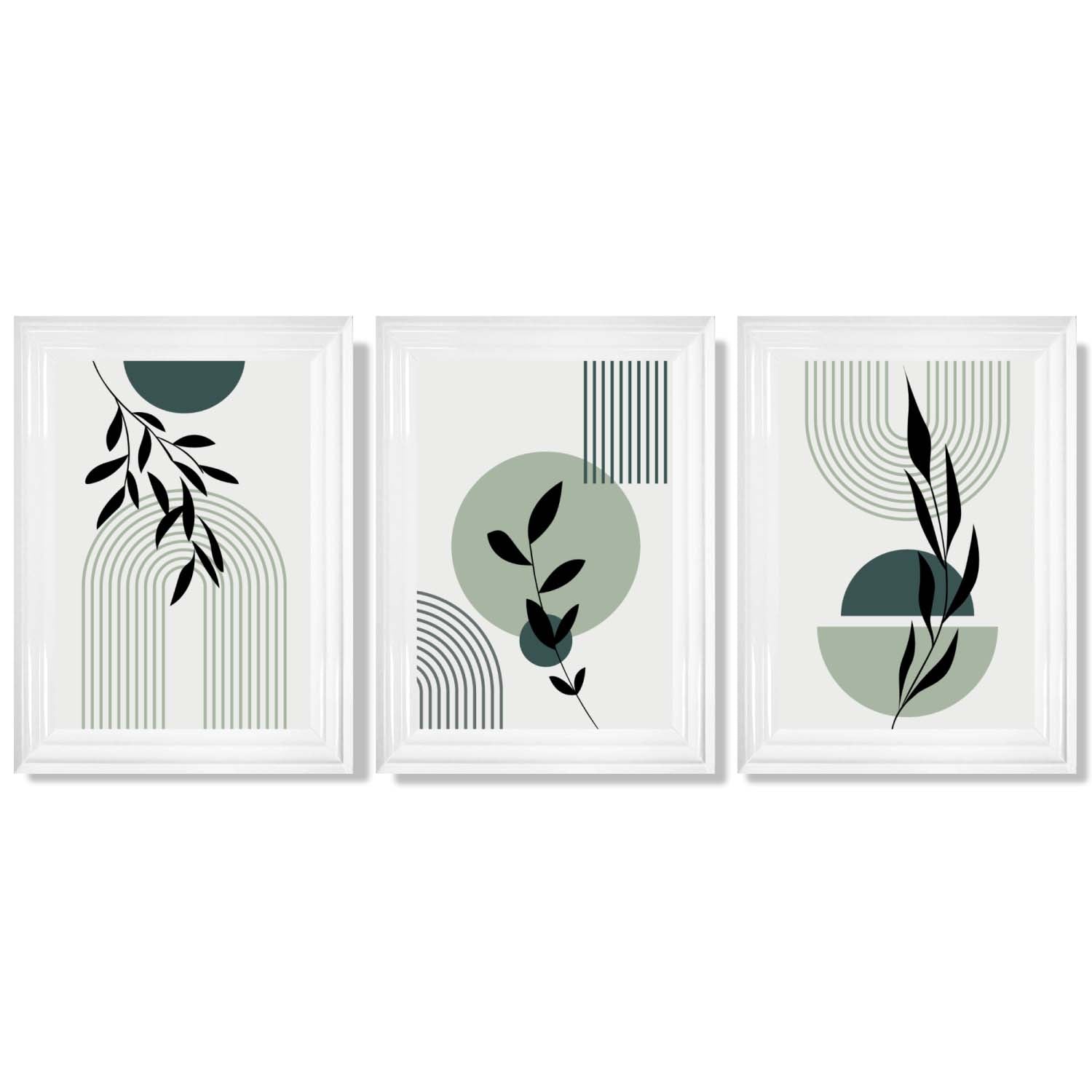 Set of 3 Sage Green Boho Floral Arches Framed Art Prints with Glossy White Frames