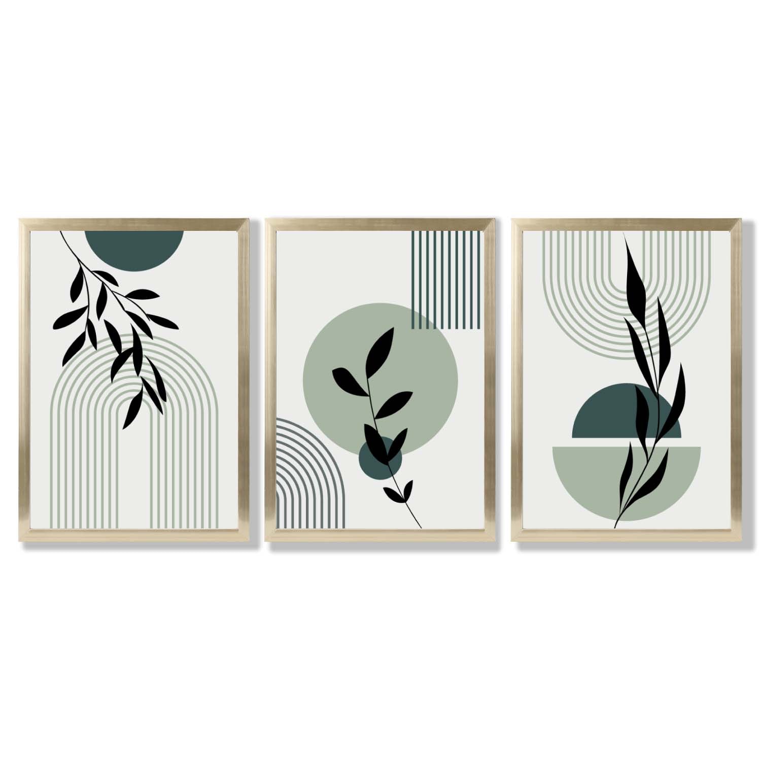 Set of 3 Sage Green Boho Floral Arches Framed Art Prints with Gold Wood Frames