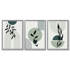 Set of 3 Sage Green Boho Floral Arches Framed Art Prints with Light Grey Wooden Frames