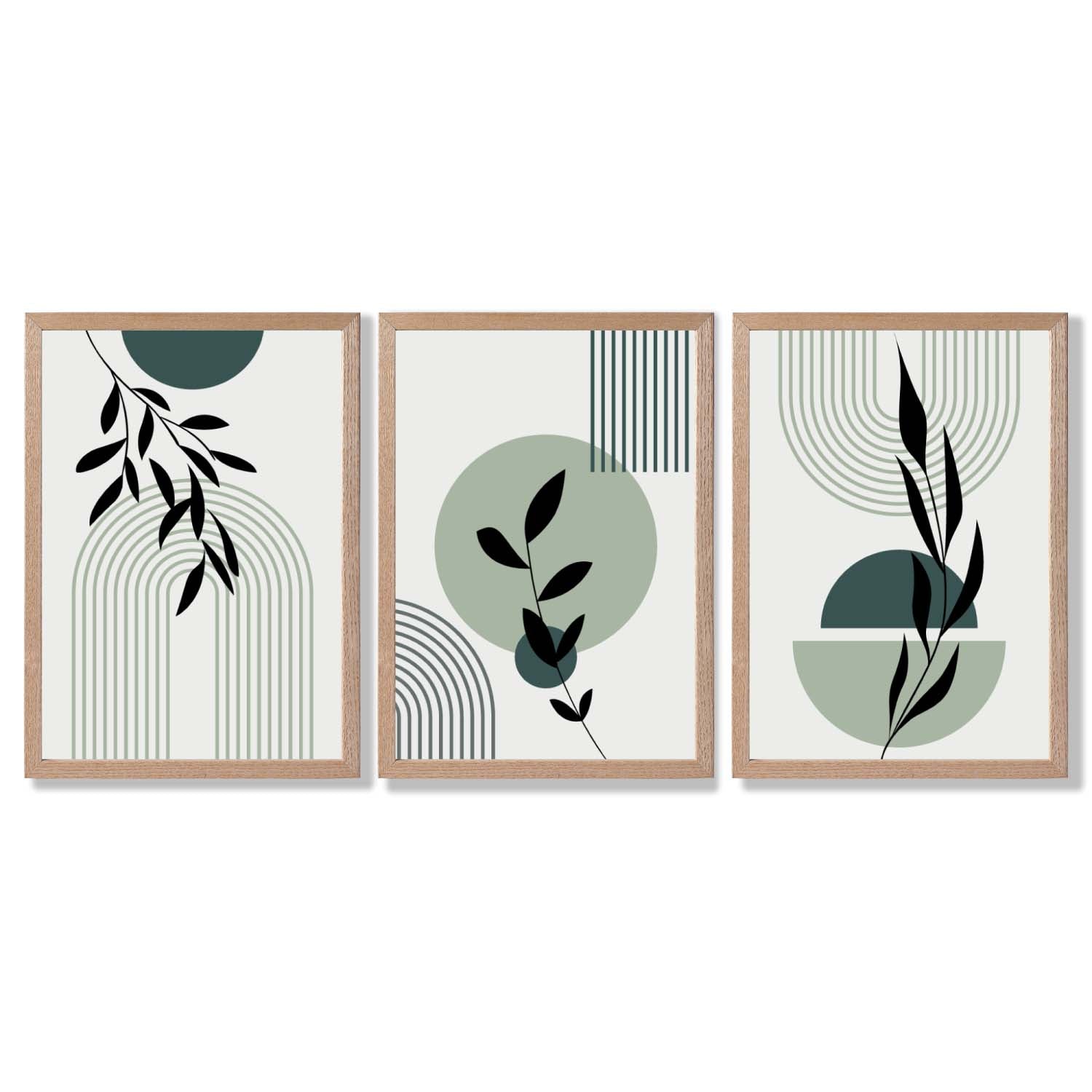 Set of 3 Sage Green Boho Floral Arches Framed Art Prints with Light Oak Frames