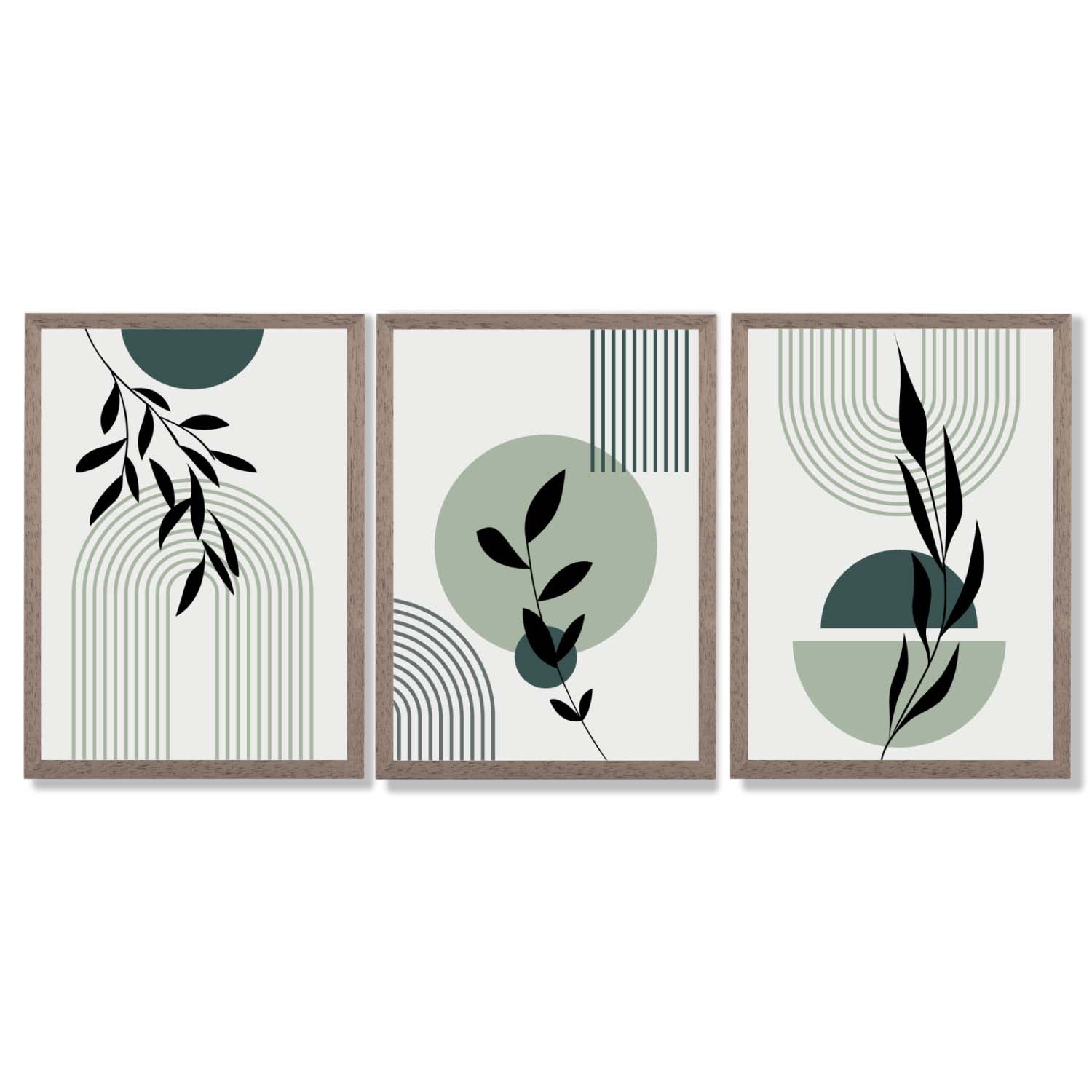 Set of 3 Sage Green Boho Floral Arches Framed Art Prints with Light Walnut Frames