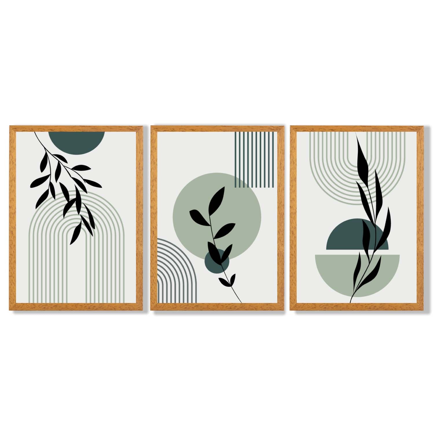 Set of 3 Sage Green Boho Floral Arches Framed Art Prints with Oak Wooden Frames