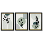 Set of 3 Sage Green Boho Floral Arches Framed Art Prints with Vermeer Black and Gold Frames