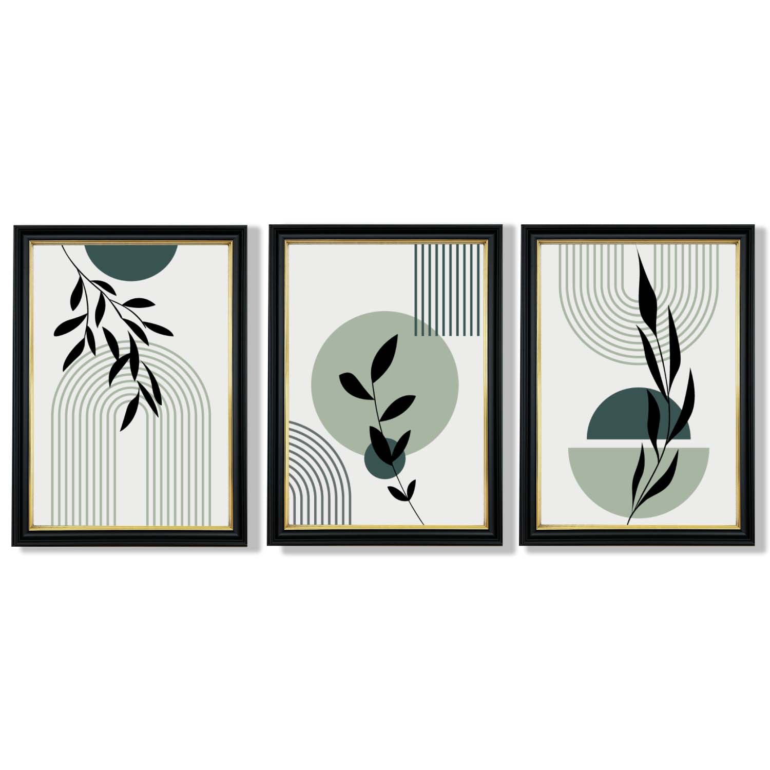 Set of 3 Sage Green Boho Floral Arches Framed Art Prints with Vermeer Black and Gold Frames