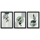 Set of 3 Sage Green Boho Floral Arches Framed Art Prints with Vermeer Black and Silver Frames