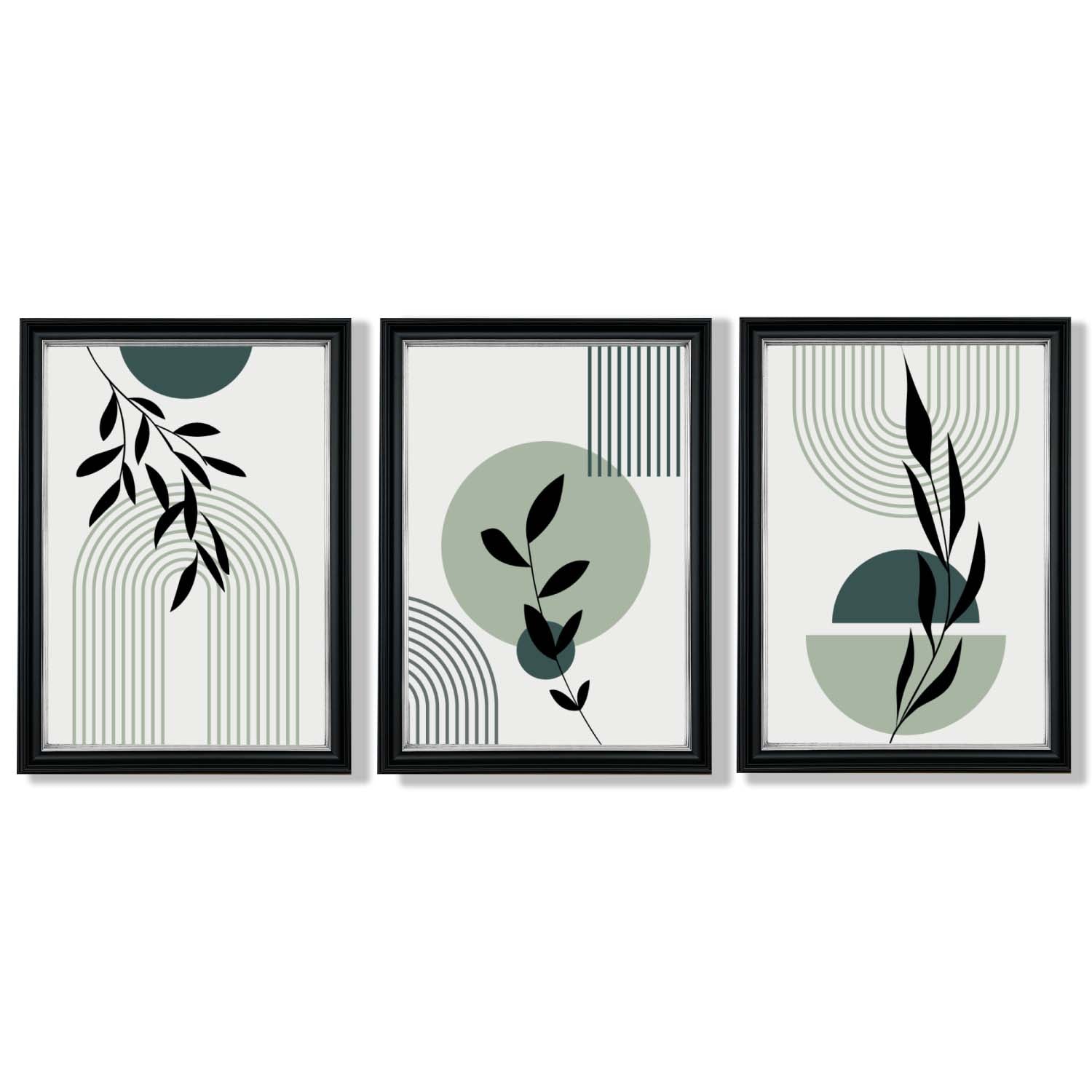 Set of 3 Sage Green Boho Floral Arches Framed Art Prints with Vermeer Black and Silver Frames