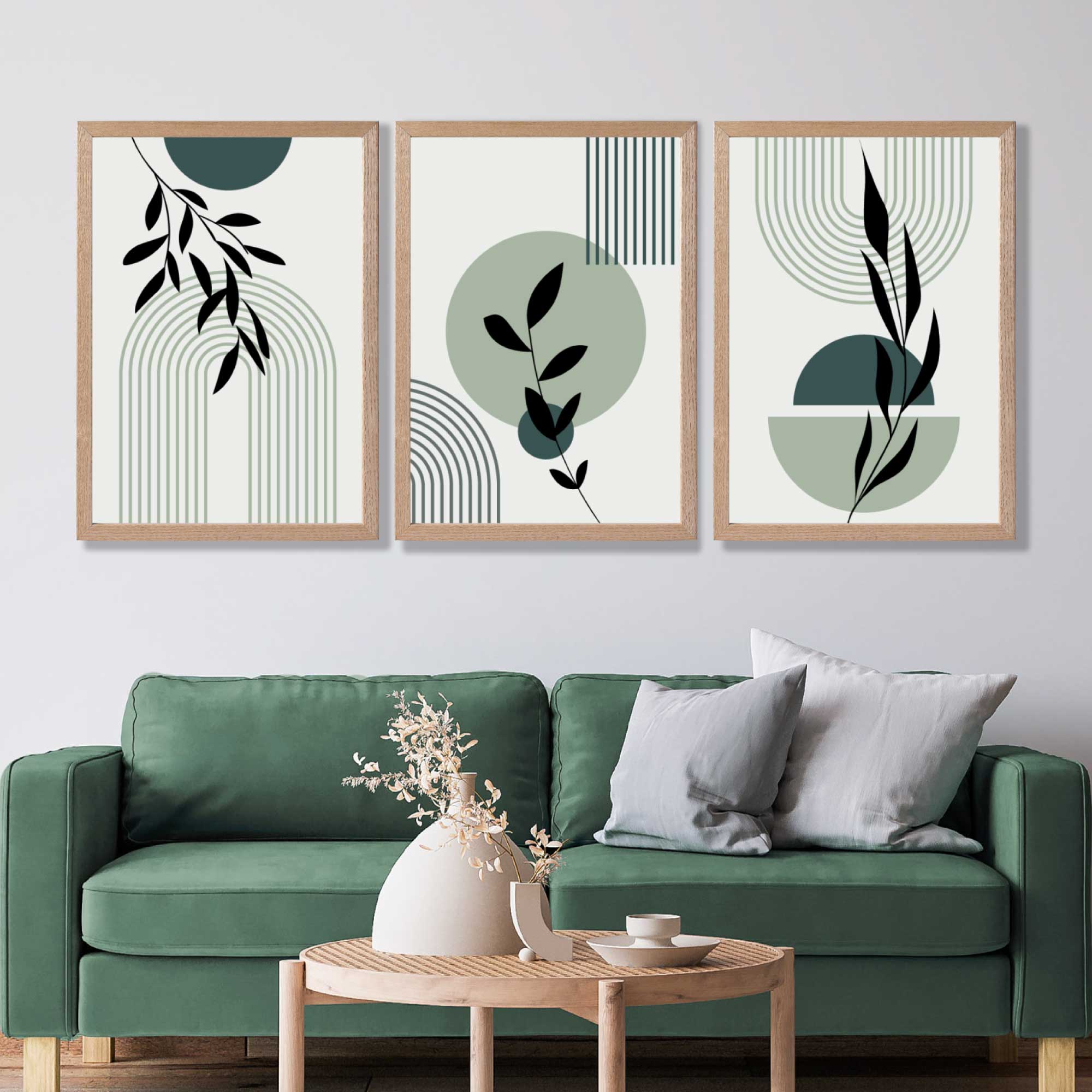 Set of 3 Sage Green Boho Floral Arches Art Prints in Luxury Frames | Artze UK