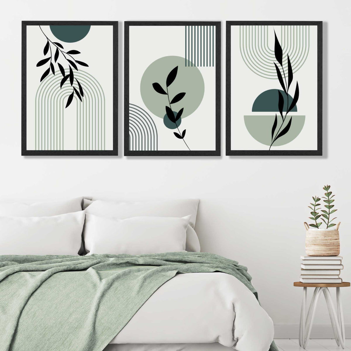 Set of 3 Sage Green Boho Floral Art Prints | Artze Wall Art UK