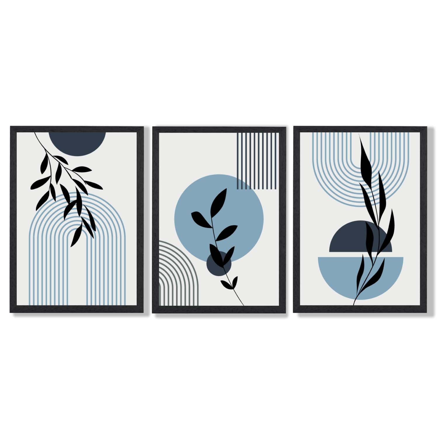 Set of 3 Blue Boho Floral Arches Framed Art Prints with Black Wooden Frames