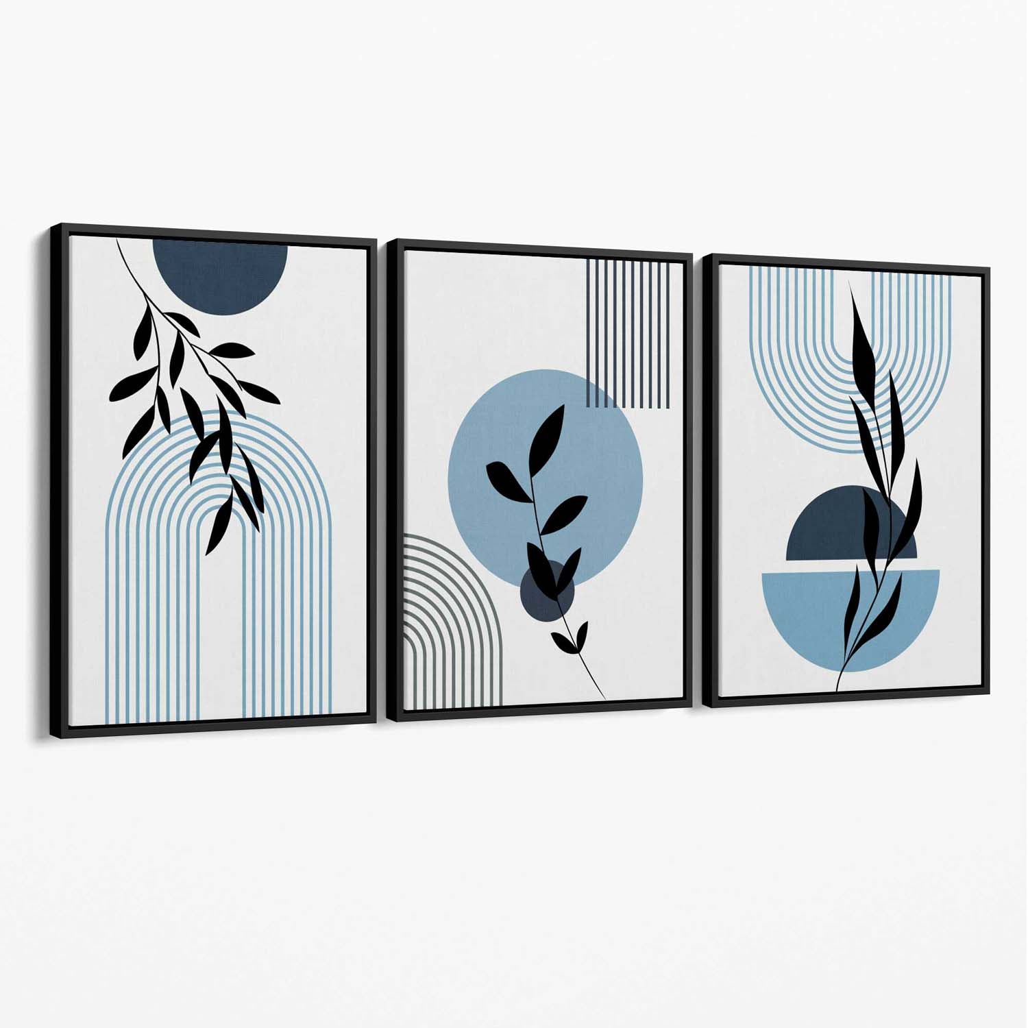 Set of 3 Blue Boho Floral Arches Canvas Art Prints with Black Float Frame