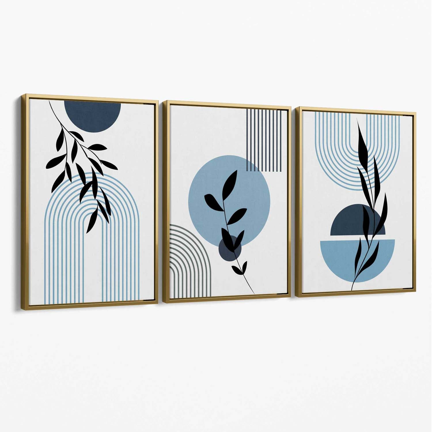 Set of 3 Blue Boho Floral Arches Canvas Art Prints with Gold Float Frame