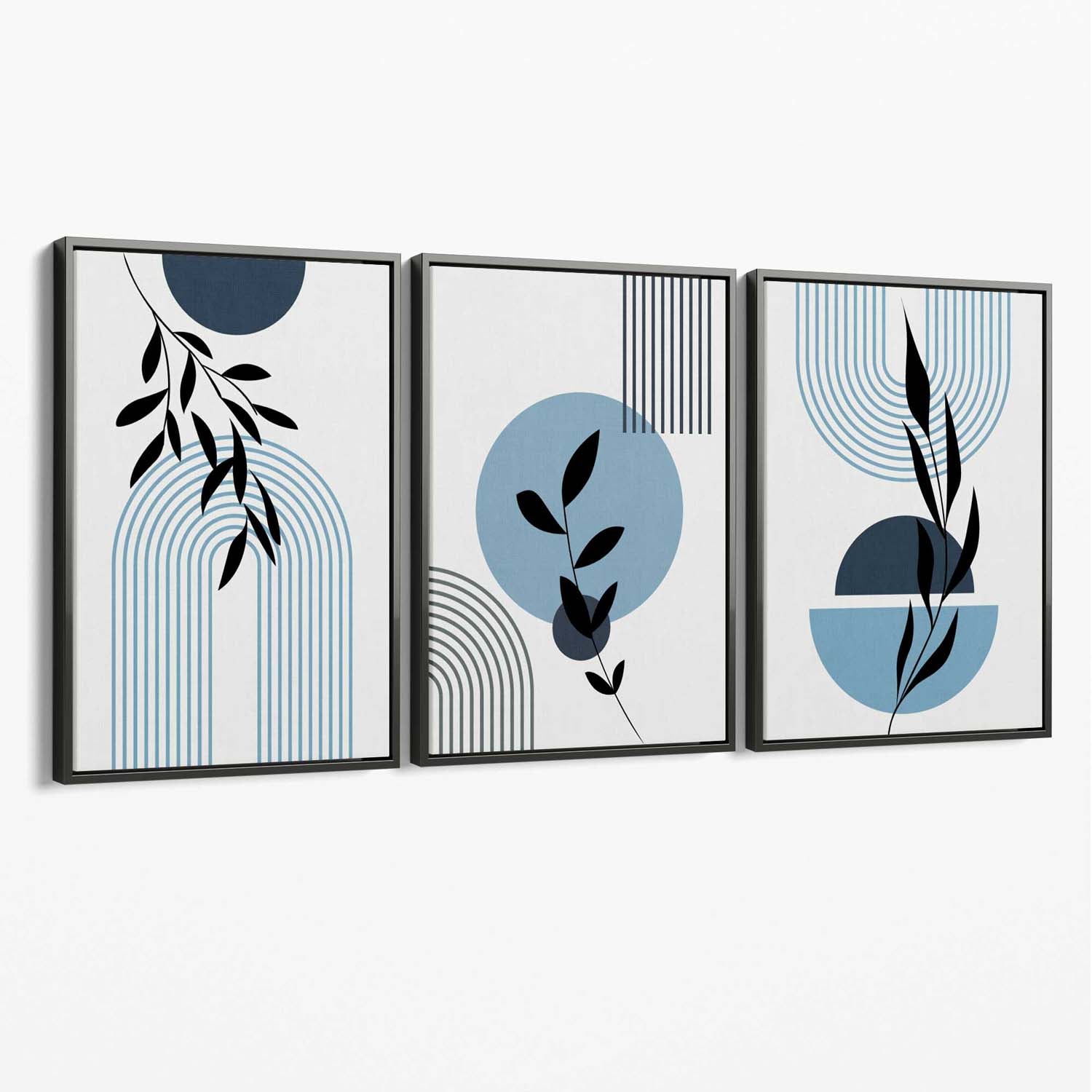 Set of 3 Blue Boho Floral Arches Canvas Art Prints with Grey Float Frame