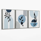 Set of 3 Blue Boho Floral Arches Canvas Art Prints with Silver Float Frame