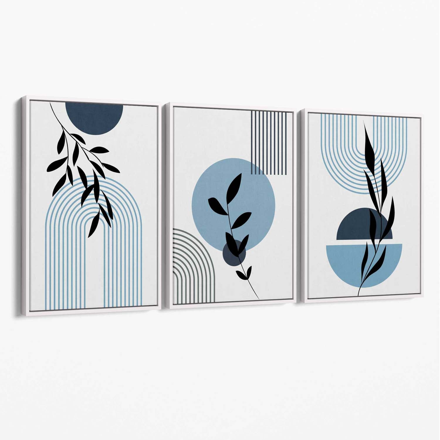 Set of 3 Blue Boho Floral Arches Canvas Art Prints with White Float Frame