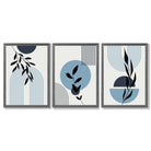 Set of 3 Blue Boho Floral Arches Framed Art Prints with Dark Grey Wooden Frames