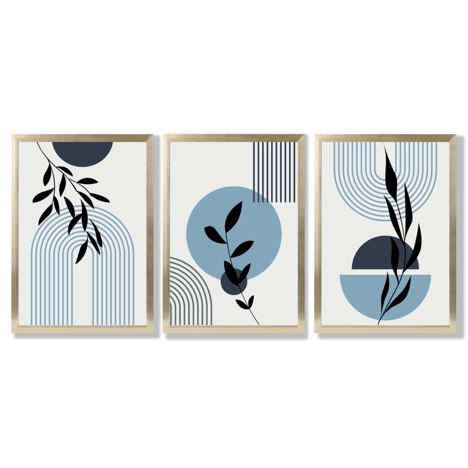 Set of 3 Blue Boho Floral Arches Framed Art Prints with Gold Wood Frames