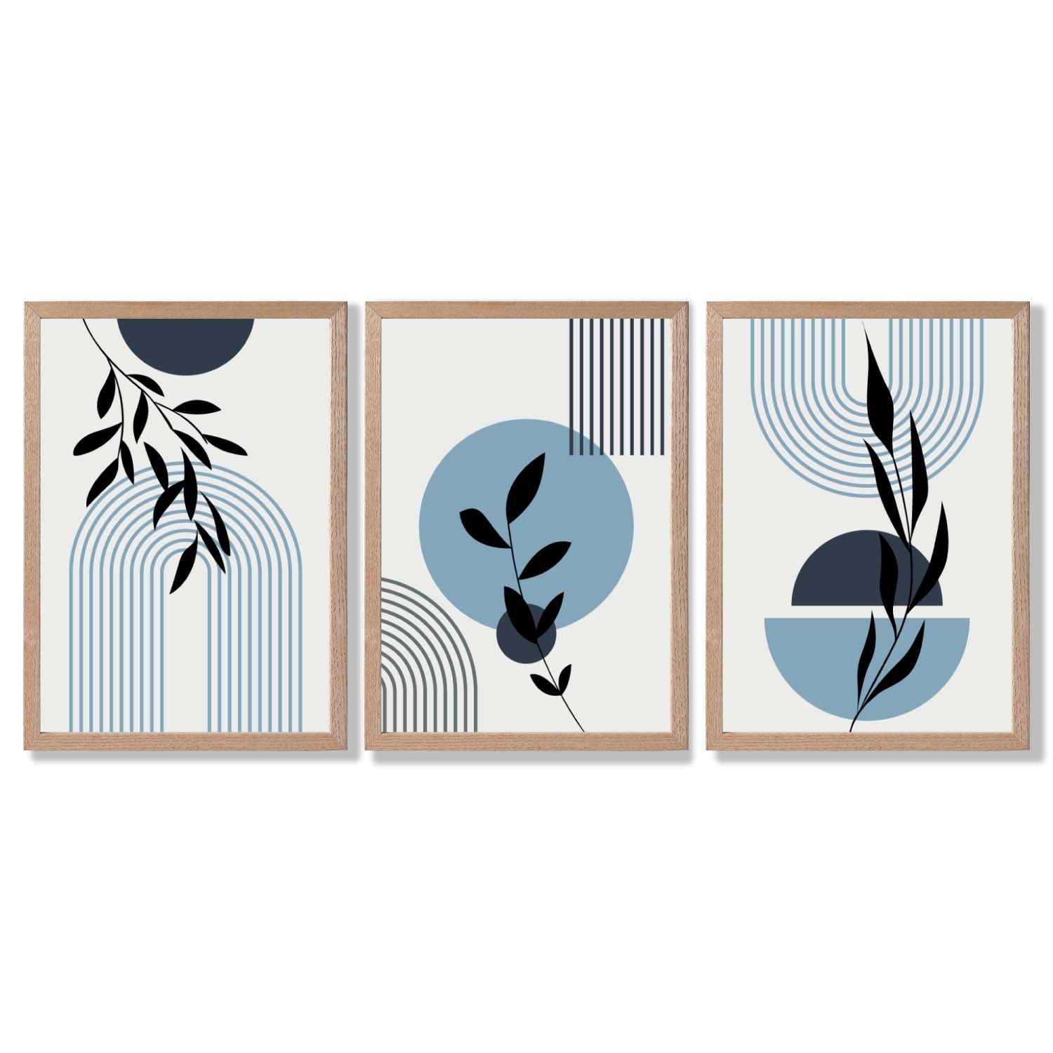 Set of 3 Blue Boho Floral Arches Framed Art Prints with Light Oak Frames