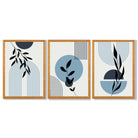 Set of 3 Blue Boho Floral Arches Framed Art Prints with Oak Wooden Frames