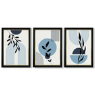 Set of 3 Blue Boho Floral Arches Framed Art Prints with Vermeer Black and Gold Frames