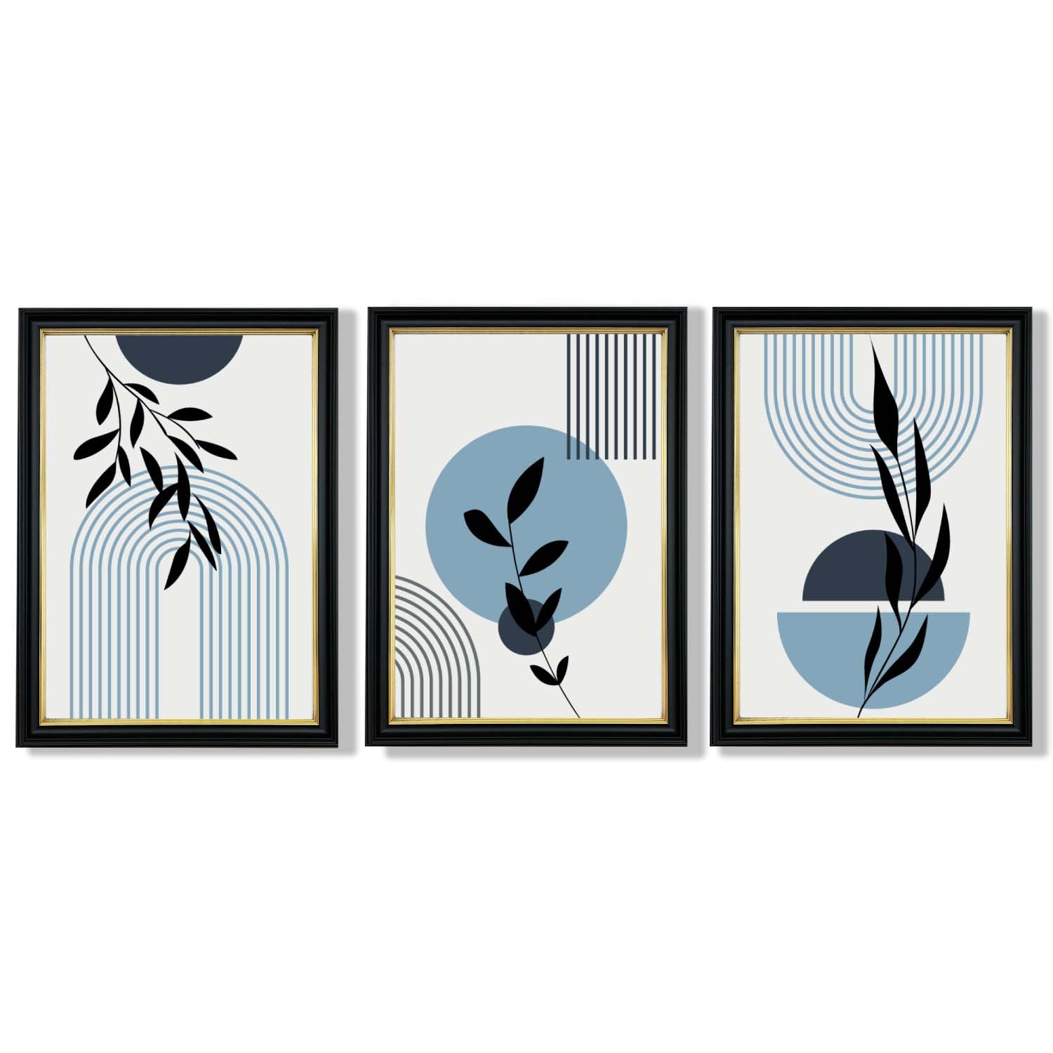 Set of 3 Blue Boho Floral Arches Framed Art Prints with Vermeer Black and Gold Frames