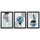 Set of 3 Blue Boho Floral Arches Framed Art Prints with Vermeer Black and Silver Frames