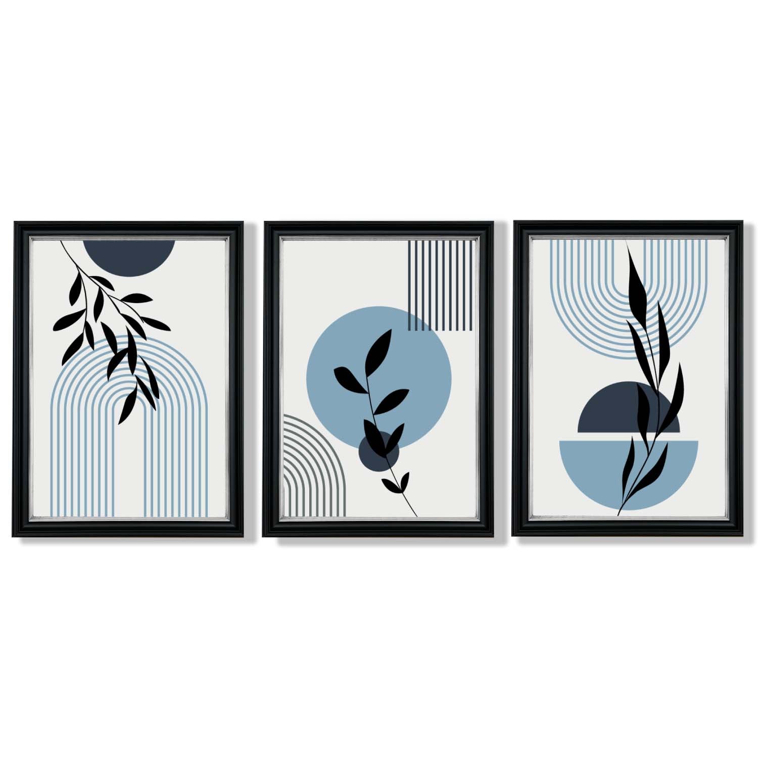 Set of 3 Blue Boho Floral Arches Framed Art Prints with Vermeer Black and Silver Frames