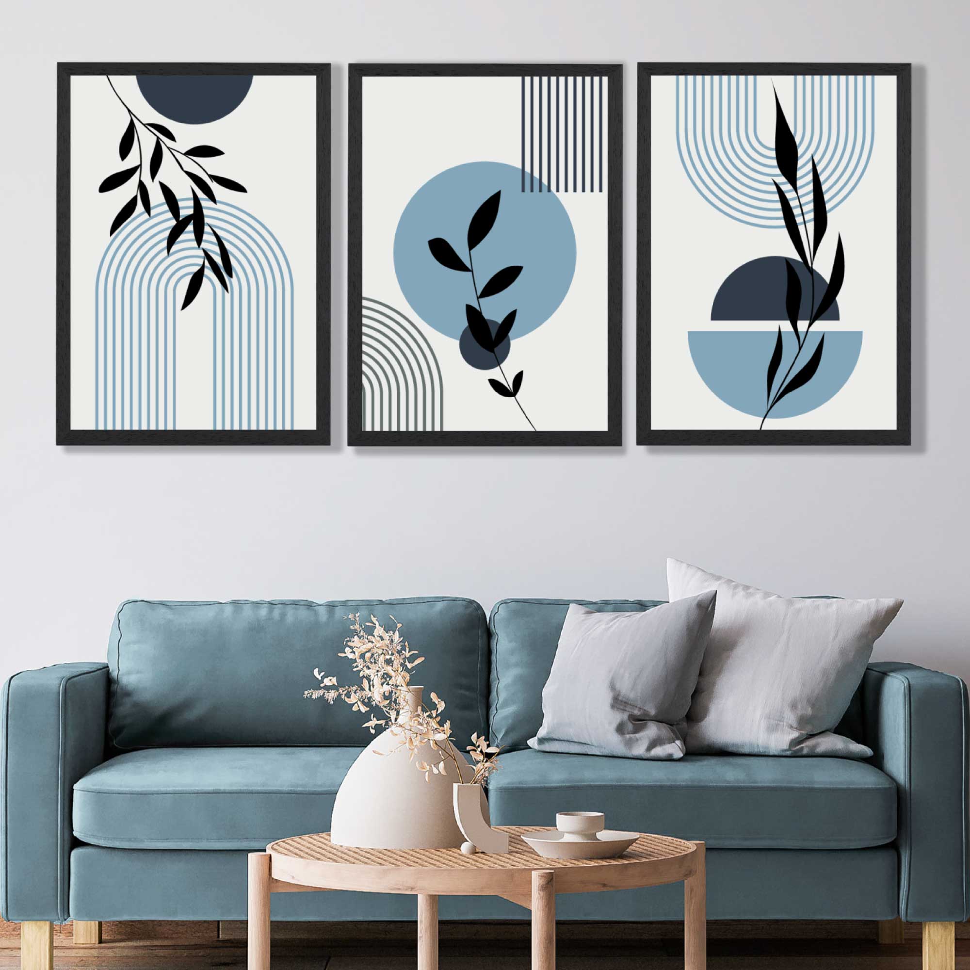 Set of 3 Blue Boho Floral Arches Art Prints in Black Frames | Artze UK