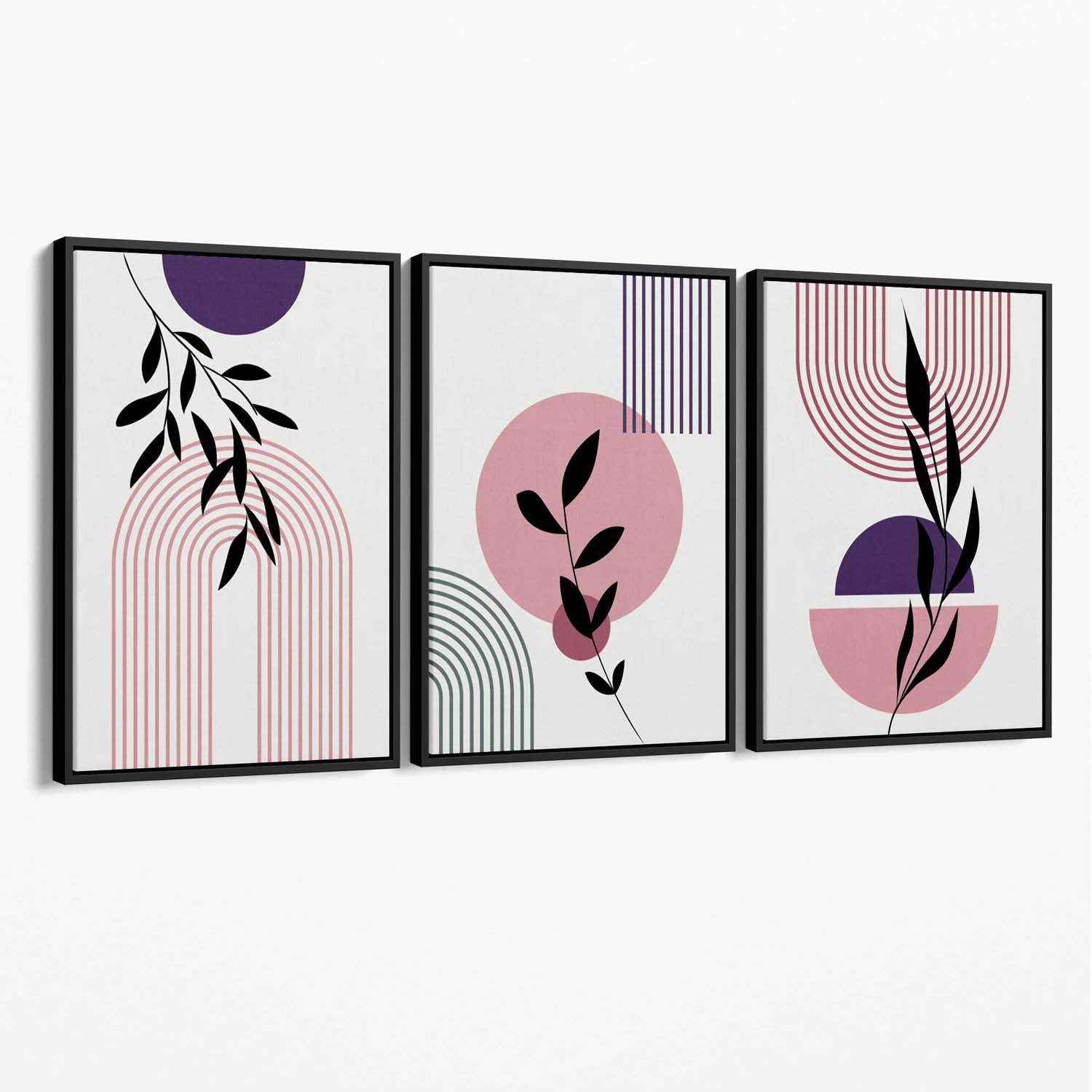 Set of 3 Pink and Purple Boho Floral Arches Canvas Art Prints with Black Float Frame