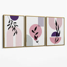 Set of 3 Pink and Purple Boho Floral Arches Canvas Art Prints with Gold Float Frame