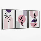 Set of 3 Pink and Purple Boho Floral Arches Canvas Art Prints with Grey Float Frame