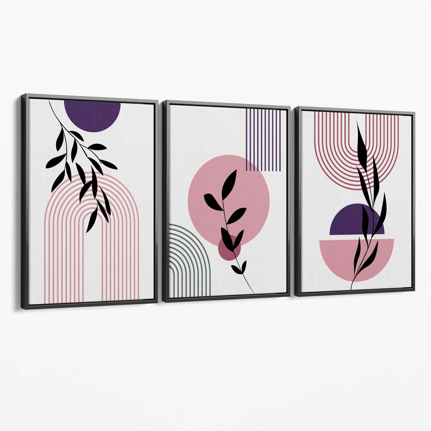 Set of 3 Pink and Purple Boho Floral Arches Canvas Art Prints with Grey Float Frame