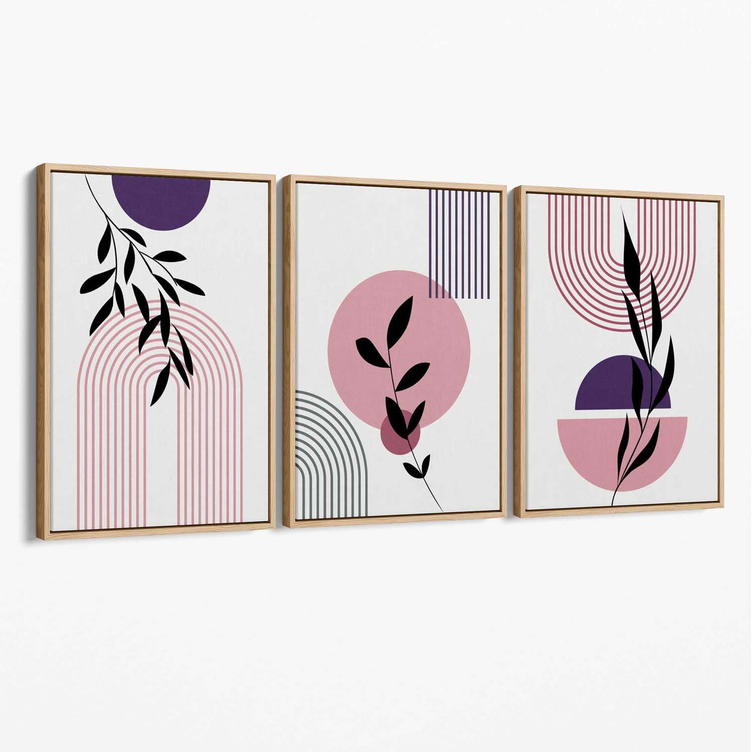 Set of 3 Pink and Purple Boho Floral Arches Canvas Art Prints with Oak Float Frame