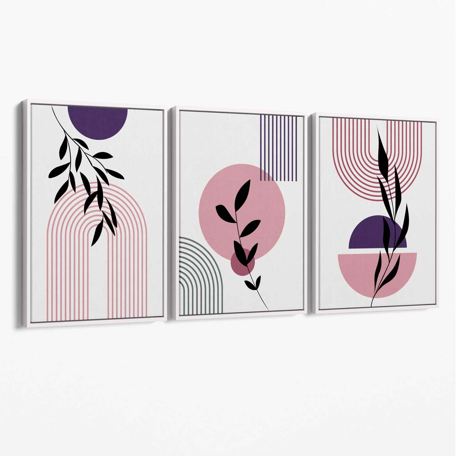 Set of 3 Pink and Purple Boho Floral Arches Canvas Art Prints with White Float Frame