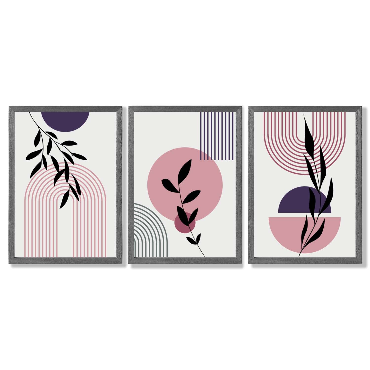 Set of 3 Pink and Purple Boho Floral Arches Framed Art Prints with Dark Grey Wooden Frames