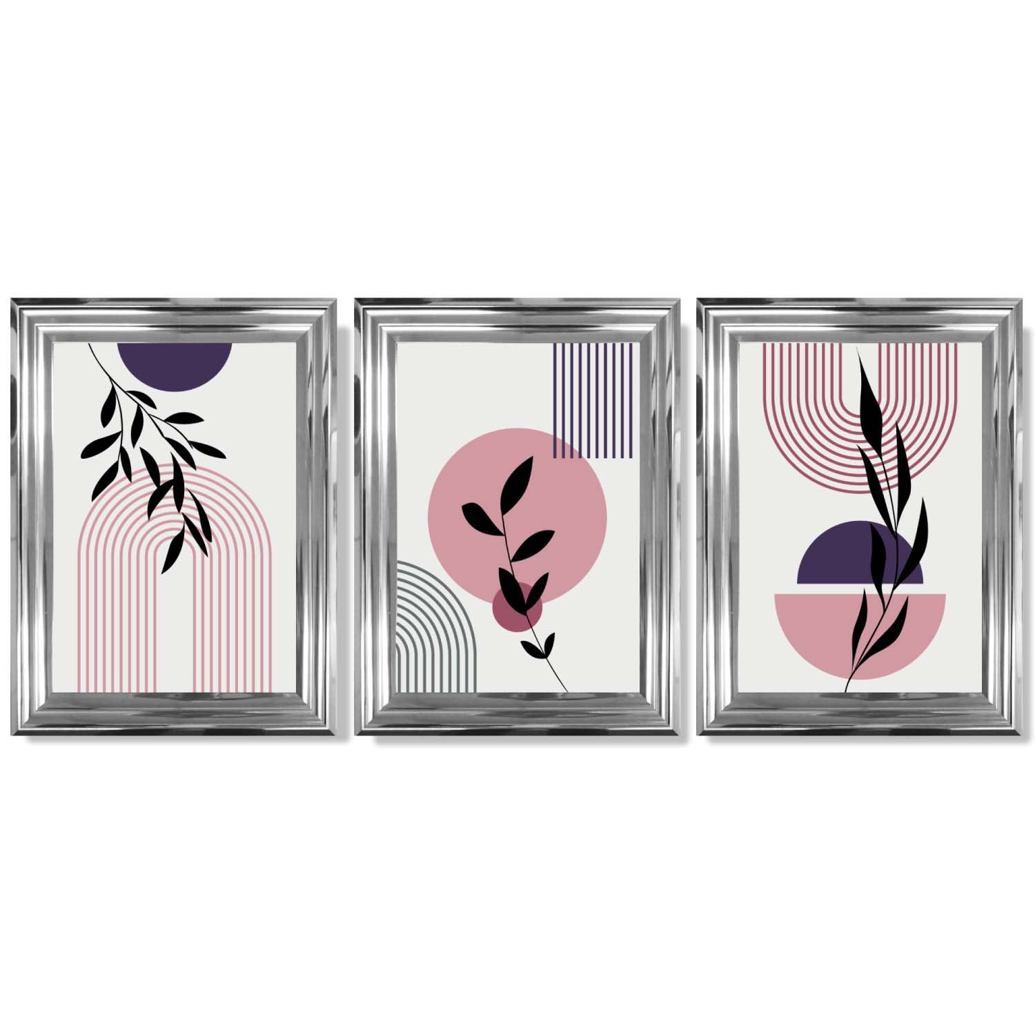 Set of 3 Pink and Purple Boho Floral Arches Framed Art Prints with Glossy Chrome Frames