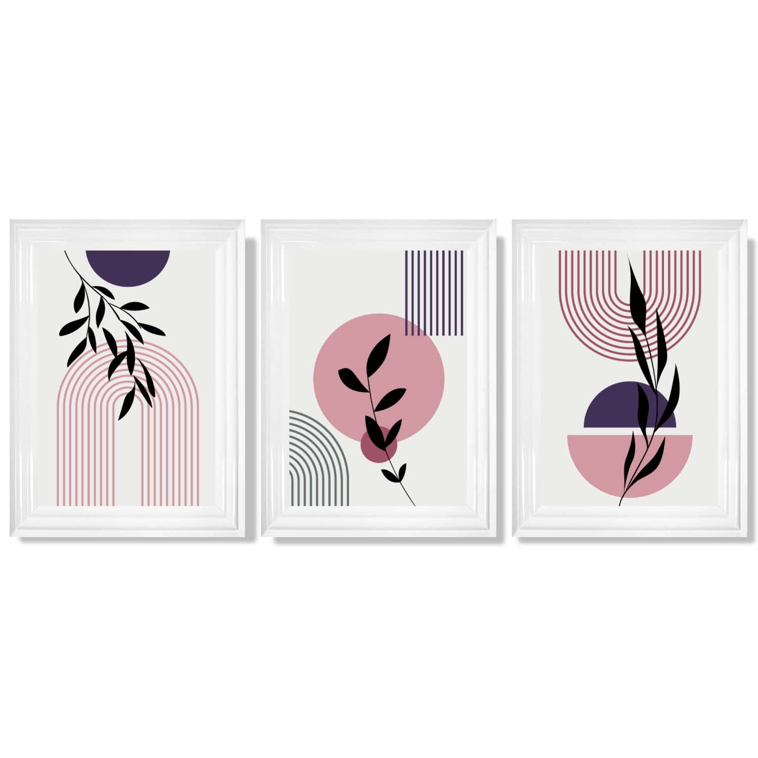 Set of 3 Pink and Purple Boho Floral Arches Framed Art Prints with Glossy White Frames