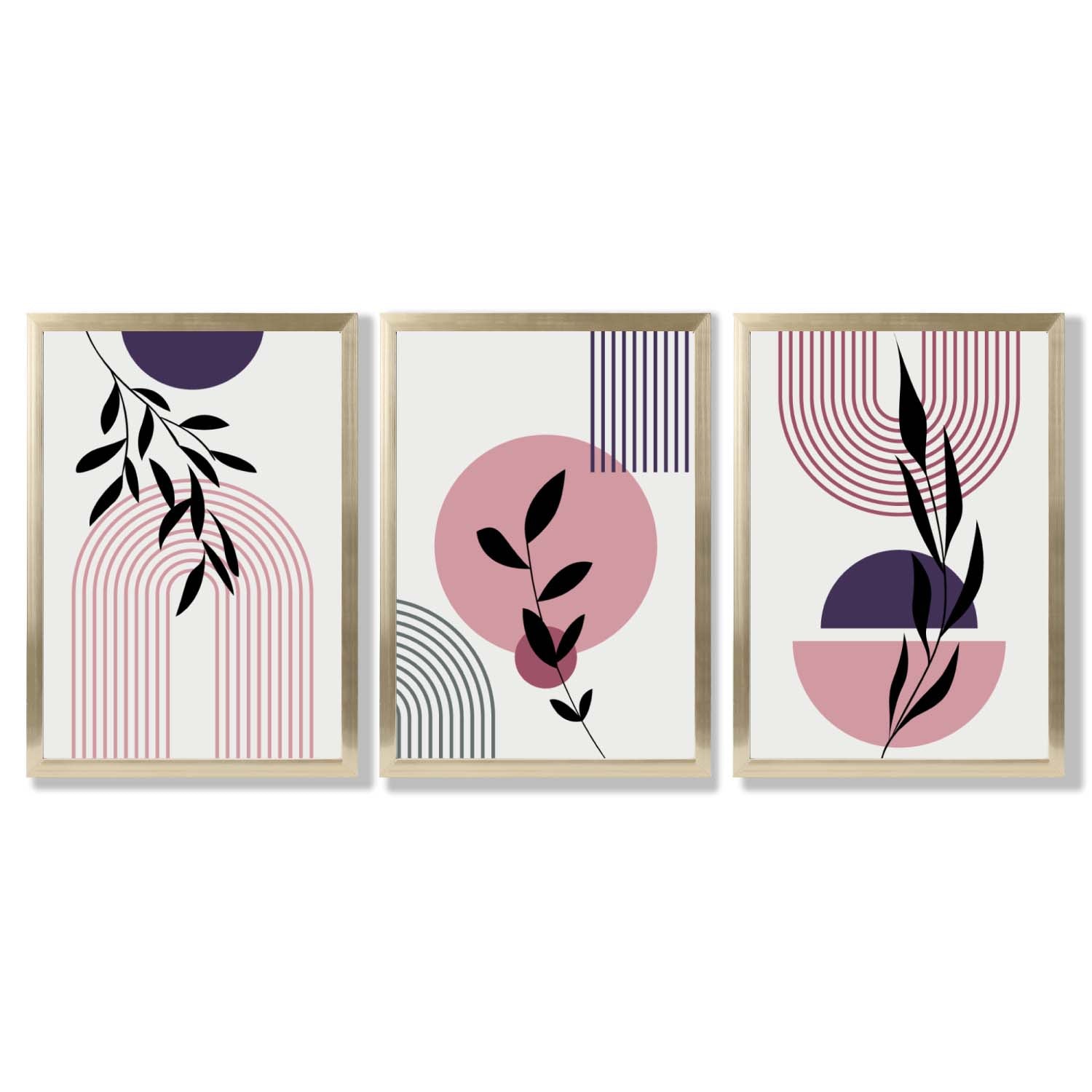 Set of 3 Pink and Purple Boho Floral Arches Framed Art Prints with Gold Wood Frames