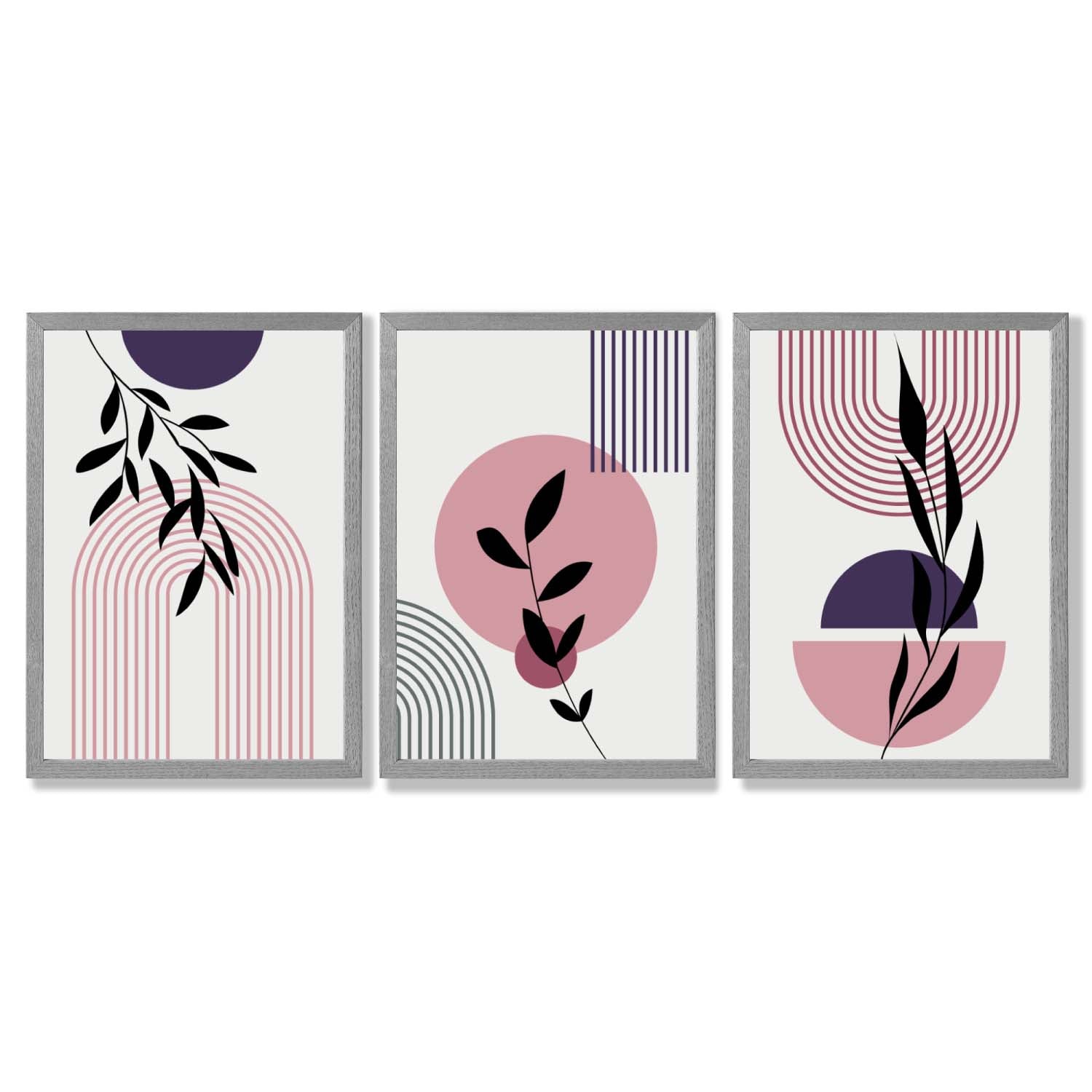 Set of 3 Pink and Purple Boho Floral Arches Framed Art Prints with Light Grey Wooden Frames