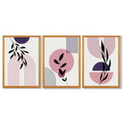 Set of 3 Pink and Purple Boho Floral Arches Framed Art Prints with Oak Wooden Frames