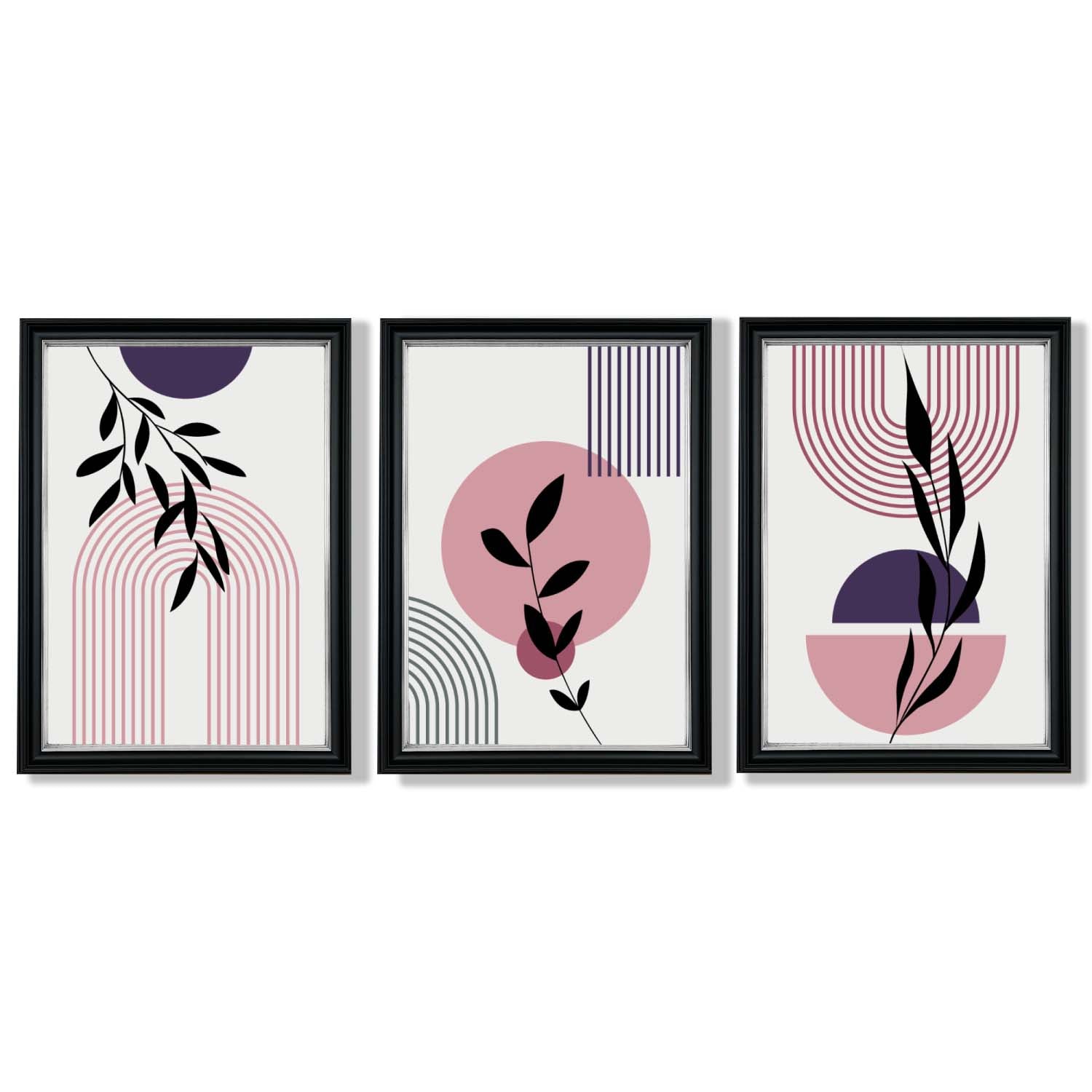 Set of 3 Pink and Purple Boho Floral Arches Framed Art Prints with Vermeer Black and Silver Frames