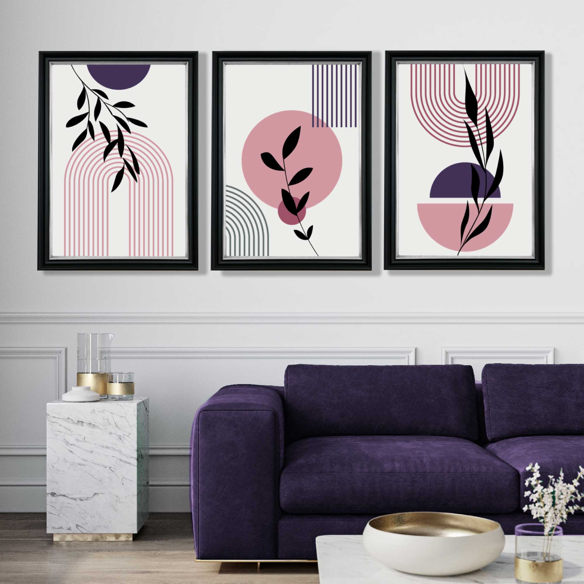 Set of 3 Pink and Purple Boho Floral Arches Art Prints in Luxury Frames | Artze UK