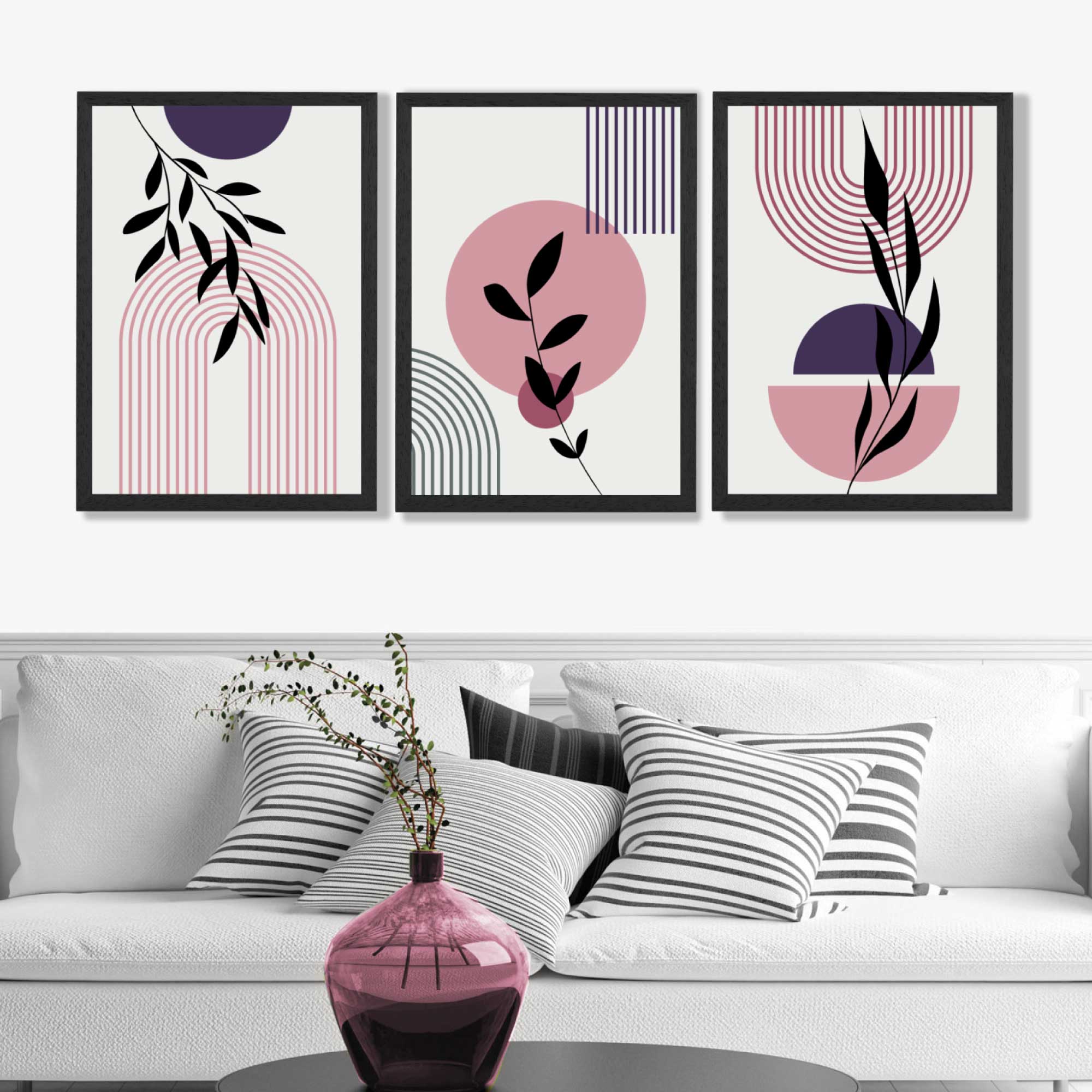 Set of 3 Pink and Purple Boho Floral Arches Art Prints in Luxury Frames | Artze UK