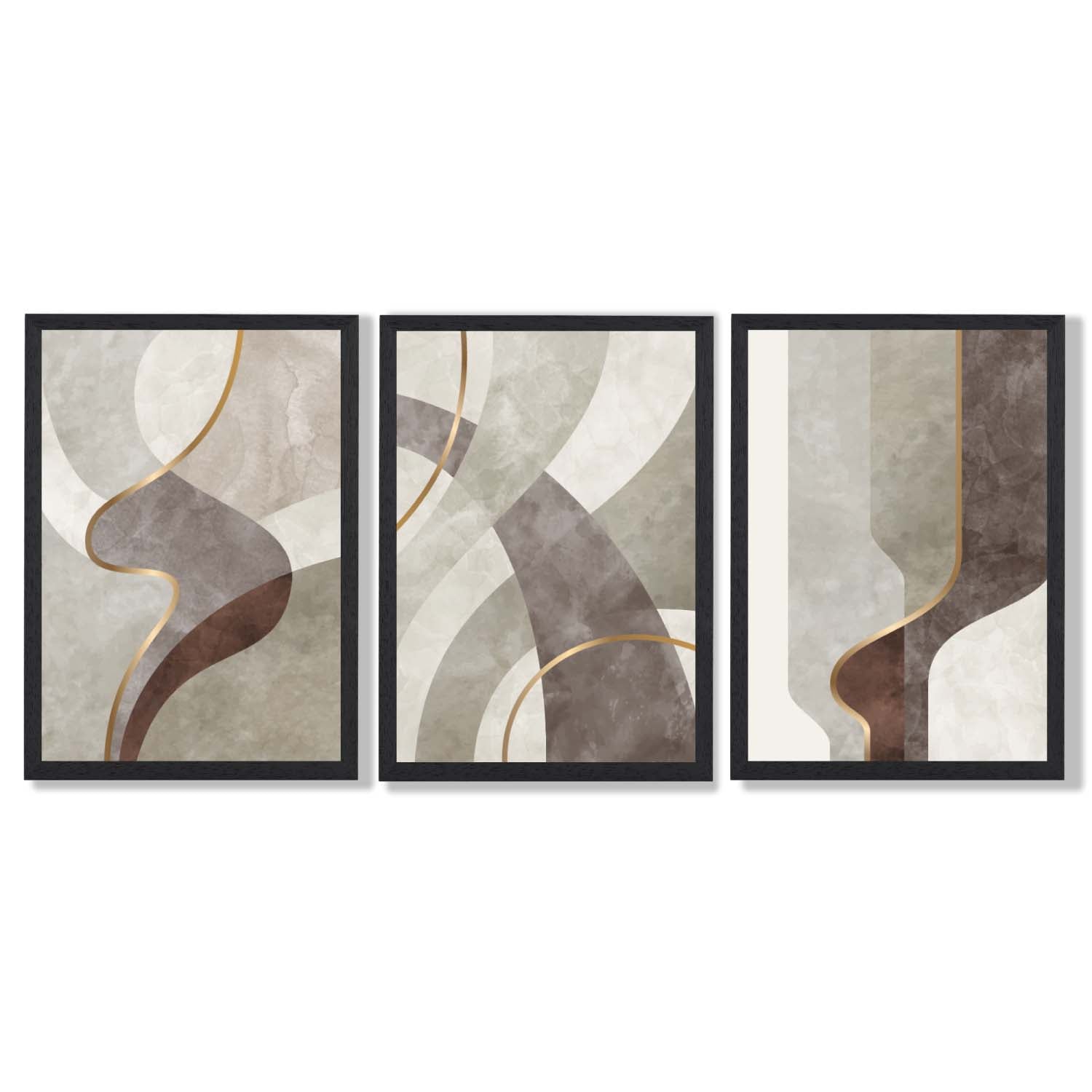 Beige and Brown Set of 3 Abstract Swirls Framed Art Prints with Black Wooden Frames