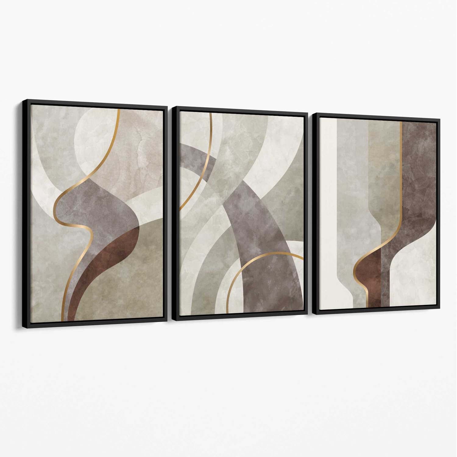 Beige and Brown Set of 3 Abstract Swirls Canvas Art Prints with Black Float Frame