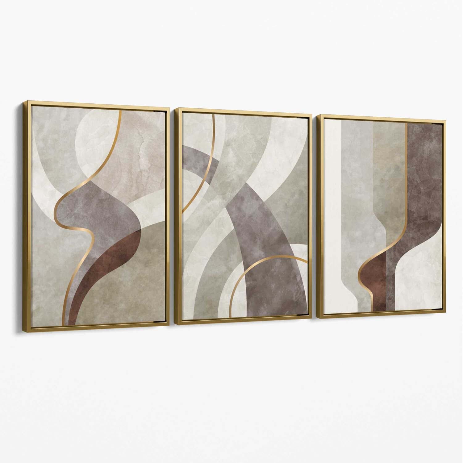 Beige and Brown Set of 3 Abstract Swirls Canvas Art Prints with Gold Float Frame